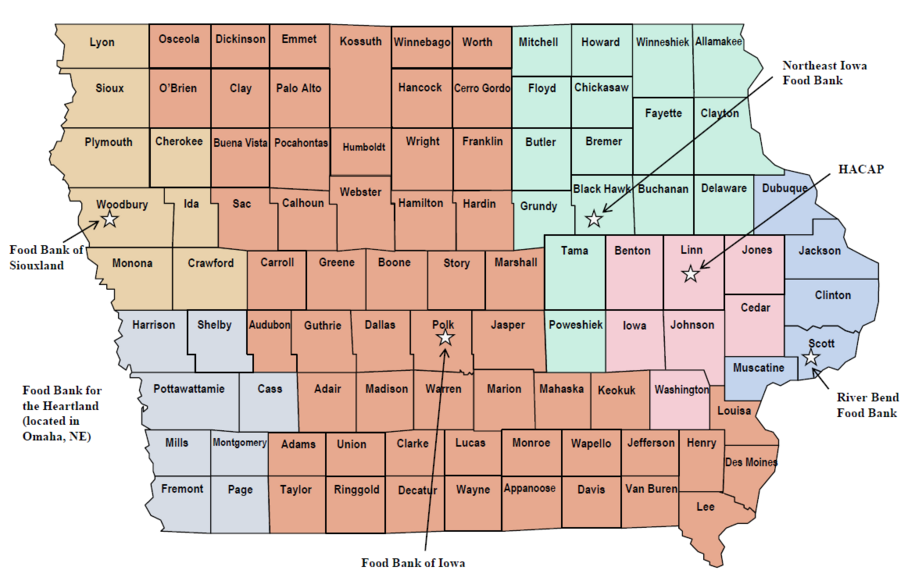 A map of Iowa's food pantry locations for Emergency Food Assistance