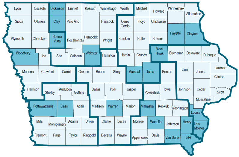 Counties with Thrive Iowa services